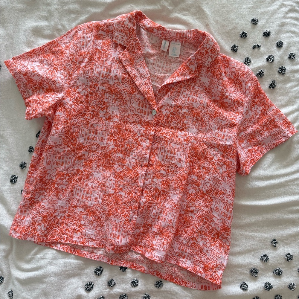 Red and Pink Linen Button-Up Shirt